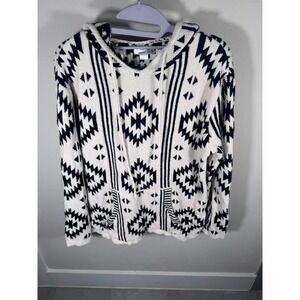 Kamma Black & White Aztec Print Hooded Sweater‎ Size M Boho Knit Pullover